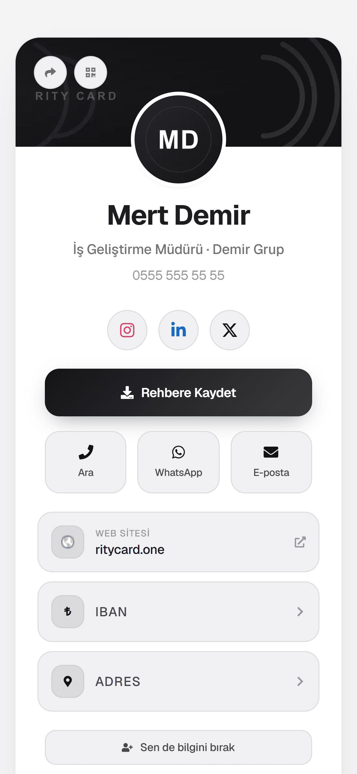 Rity Card dijital profil örneği — kart okutulunca açılan ekran